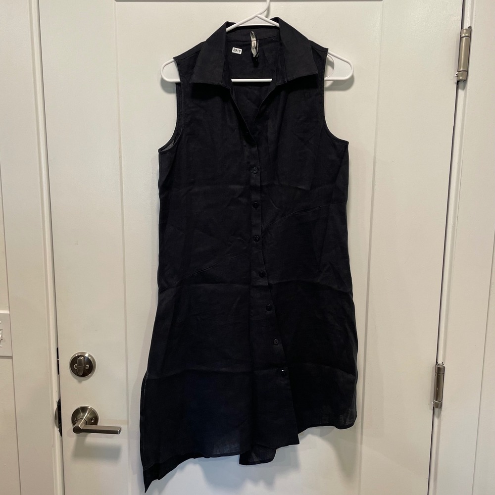 Stella Carakasi 100% Hemp Sleeveless Asymmetrical Shirt Dress Navy Blue Small